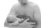 Happy father`s day! Black and white portrait a newborn baby in dadâ€™s arms is sleeping