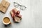 Happy Father`s Day concept. Flat lay composition with gift box, cup of coffee, glasses on wooden background. Fathers Day Greeting