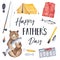 `Happy Father`s Day` greeting card with different fishing elements and equipment.