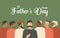 Happy Father`s Day. Greeting modern card with men of different nationalities and religions on a green horizontal background.