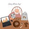 Happy father`s day online. Vector flat illustration for dad. Elderly father, his daughter and granddaughter drink tea together an