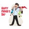 Happy Father\\\'s Day Vector Graphic. Father playing with son and daughter dressed as superhero. Happy Father with Cute Kids.