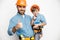Happy father with son mending flat stock photo