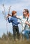 Happy father and son planted a tree together.