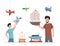 Happy father and son playing and collecting with toy airplanes and boats vector flat illustration.