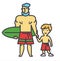 Happy father with son on vacation with surfing board concept.