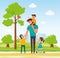 Happy father with three kids in the park. Family in the park. Concept of friendly family and of summer vacation. Cartoon
