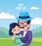 Happy fathers day card with hipster dad carring daughter in landscape