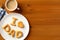 Happy Fathers Day concept. Plate with homemade bakery I love Dad, cup of coffee, fork and knife. Fathers Day morning breakfast