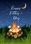 Happy Fathers day greeting card with campfire, roasting marshmallows, green grass on starry sky.