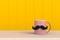 Happy Fatherâ€™s Day concept, Close up of coffee with mustache on yellow wood background