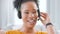 Happy female call center agent talking on headset while working from home. Confident and friendly saleswoman and