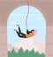 Happy female character is bungee jumping from a bridge