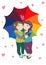 Happy female couple under rainbow umbrella
