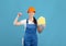 Happy Female In Coverall And Hardhat Holding Keys And Paper House Figure