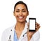 Happy Female Doctor Promoting Smart Phone
