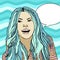 Happy female face. young woman with open mouth and blue hair on sea ??waves background. With speech bubble. Vector colorful