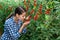 Happy female farmer sniffing ripe grape tomatoes in greenhouse