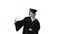 Happy female graduate in mortarboard making selfie on her phone on white background.