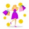 Happy female hold many shopping bags. Shopaholic