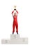Happy female racer celebrating win on a winner`s pedestal with a