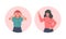 Happy Female Showing V Sign and Binoculars Positive Hand Gesture in Circular Frame Vector Set