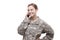 Happy female soldier talking on mobile phone