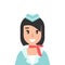 Happy female stewardess or flight attendant with red neckerchief