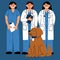 Happy female veterinarians with a dog. Vector illustration of animal care. Flat style. A doctor, a nurse in a