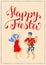 Happy Fiesta vertical card with dancing couple and lettering. Latina dance man and woman poster.