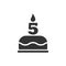 Happy fifth birthday icon. Cake with a candle in the form of the number 5. Vector symbol EPS 10