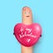 Happy finger holds heart Valentines day, blue background