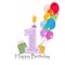 Happy first birthday candle vector with colorful confetti and balloons