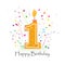 Happy first birthday candle vector with colorful confetti and balloons vector illustration background