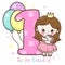 Happy first birthday with cute princess baby girl hug unicorn with balloon greeting card vector