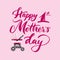 Happy first Mothers Day with pink stroller. Hand calligrahy lettering. script. For greeting card, shirt print, poster, banner.