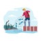 Happy fisherman pulls net with catch fish a vector flat illustration