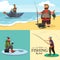 Happy fisherman stands and holds in hand fishing rod with spinning and fish catch, bag with fishman spin and equipment