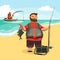 Happy fisherman stands and holds in hand fishing rod with spinning and fish catch, bag with fishman spin and equipment