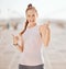 Happy, fitness and woman in Hawaii surfer hand gesture for workout, sports and motivation in the outdoors. Portrait of a