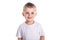 Happy five year old European boy posing over white studio background