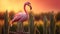 Happy Flamingo Poses On Farm Fence Post With Lush Cornfield Background