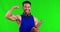 Happy, flex and man in a studio with green screen standing with a clipboard for workout plan. Sports, fitness and