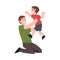 Happy on the Floor and Holding his Little Son on his Hands, Father and his Kid Having Good Time Together Cartoon Style