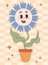 Happy flower power. Groovy flowerpot. Nostalgic retro cartoon character cornflower. Cute plant mascot in pot. Vector