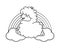 Happy fluffy alpaca, sheep, llama animal on rainbow and clouds cartoon outline