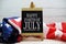 Happy Forth of July Independence Day text message  with USA flag on wooden background