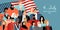 Happy Fourth of July. American Independence Day greeting banner with a diverse group of people with the American flag on the