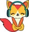 Happy fox with headphones listening to music. Kawaii style