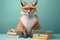 a happy fox in student clothes ready to study, created with Generative AI technology